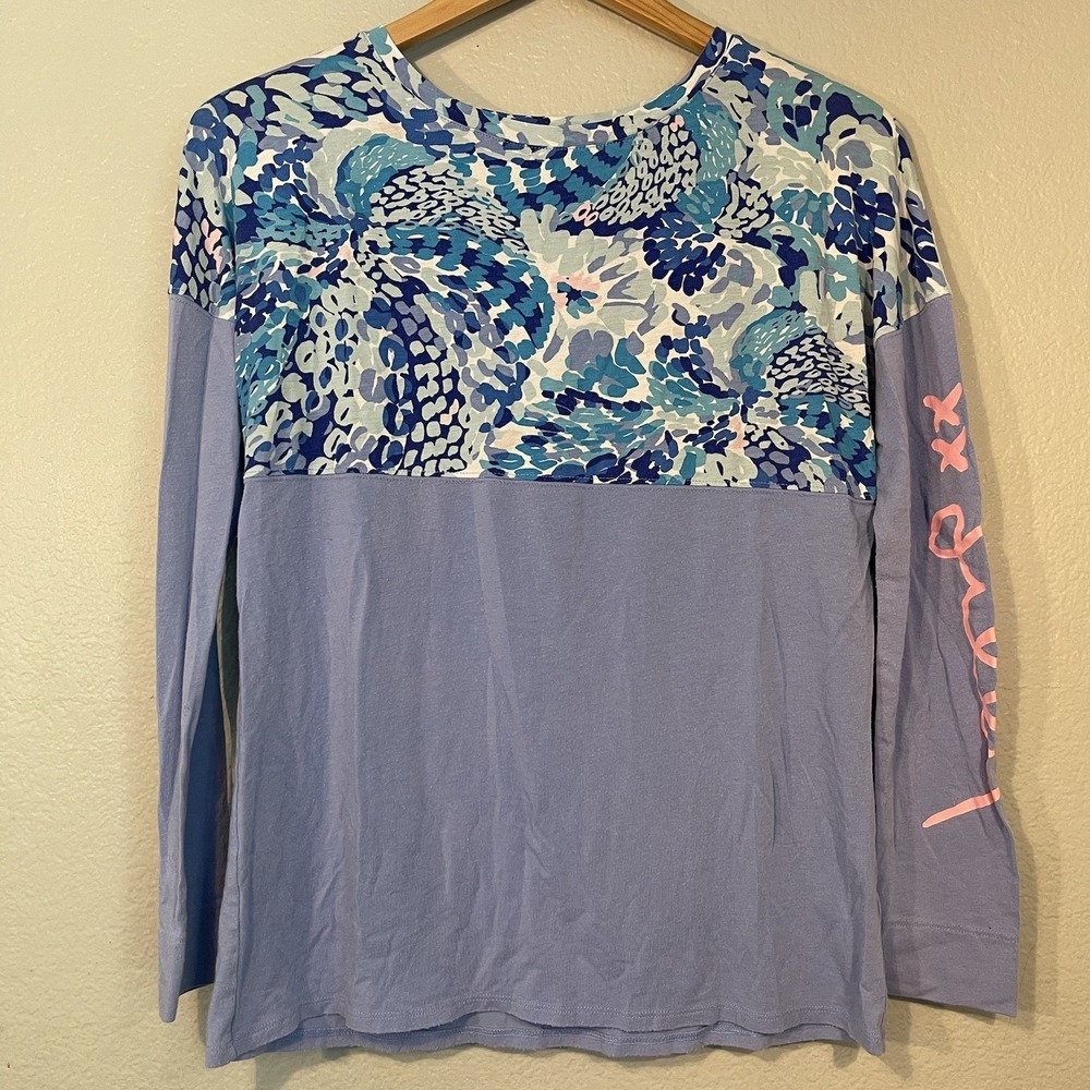 Lilly Pulitzer XS Long Sleeve Shirt Purple Floral Color Block Graphic Sleeve